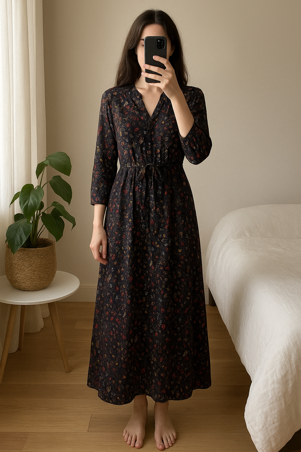 Robe longue Surekanna à motifs forêt animale – 100 % viscose – taille M debout, face à la caméra, dans une chambre à la lumière douce, avec une lumière naturelle filtrant par la fenêtre.
