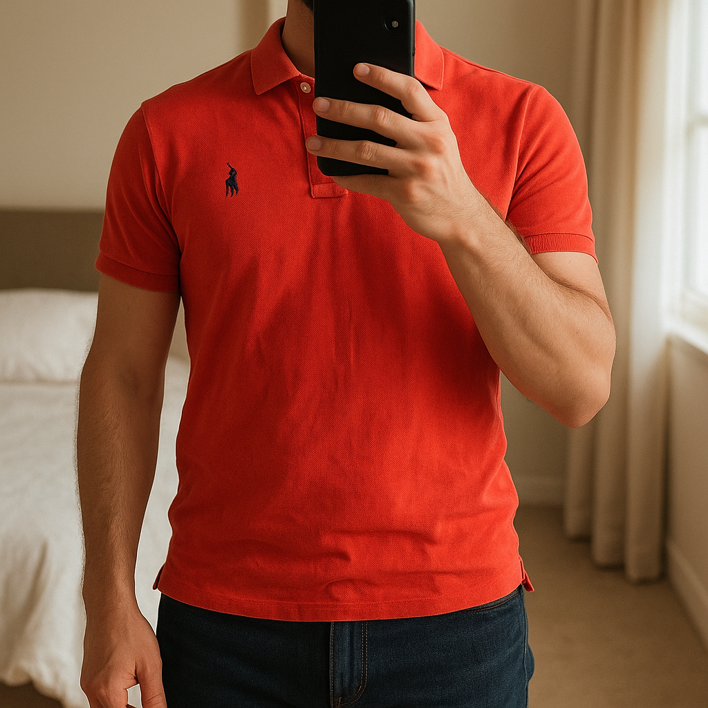 Polo Ralph Lauren rouge 🍎 debout, face à la caméra, dans une chambre à la lumière douce, avec une lumière naturelle filtrant par la fenêtre.
