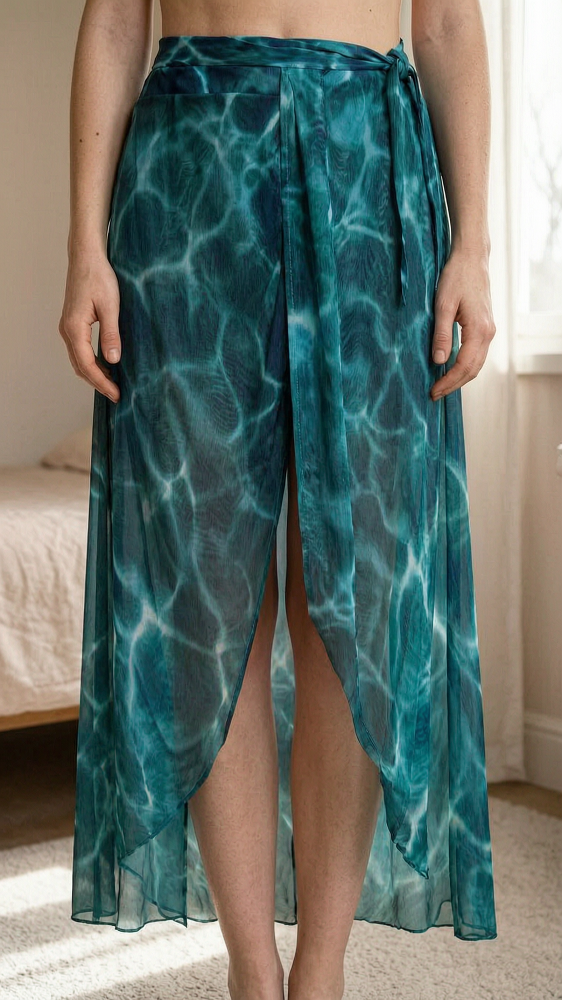 jupe plage debout, face à la caméra, dans une chambre à la lumière douce, avec une lumière naturelle filtrant par la fenêtre.