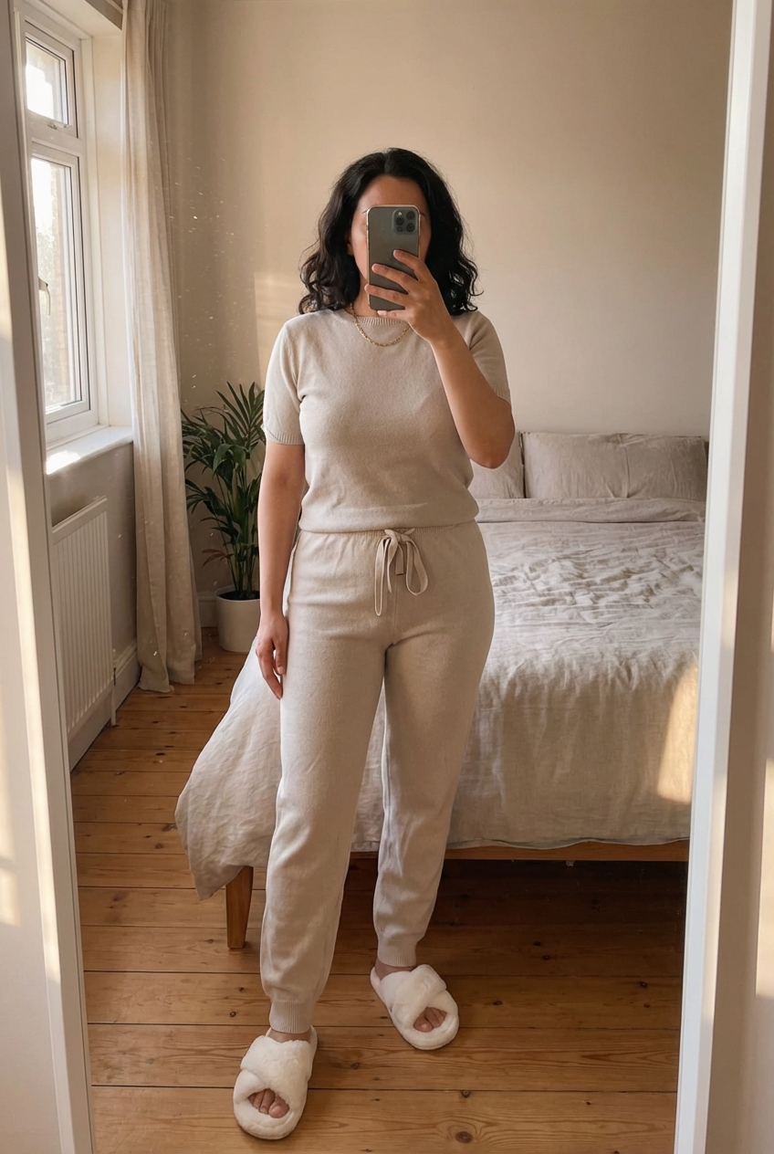 Ensemble Joli Pyjama maille côtelée debout, face à la caméra, dans une chambre à la lumière douce, avec une lumière naturelle filtrant par la fenêtre.