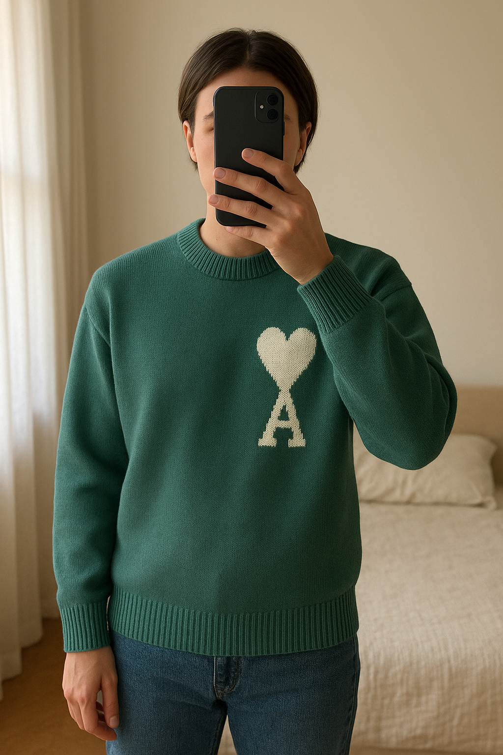 Pull AMI Paris vert avec le cœur blanc debout, face à la caméra, dans une chambre à la lumière douce, avec une lumière naturelle filtrant par la fenêtre.
