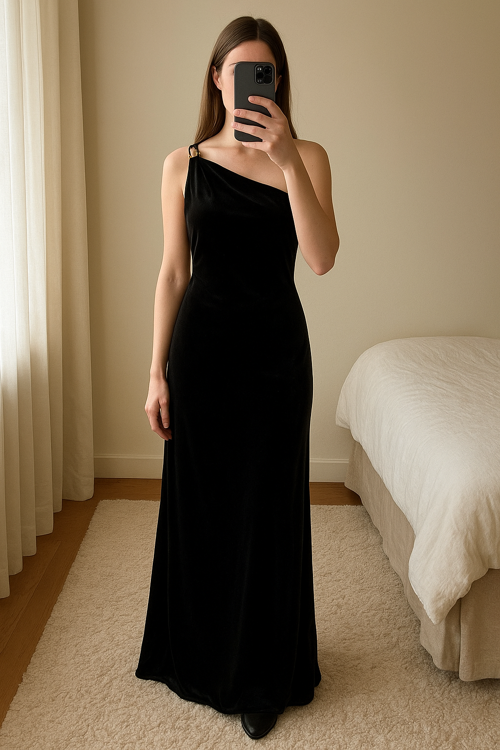 Abito nero lungo in velluto con dettaglio dorato scollato dietro little black dress in piedi, rivolto verso la fotocamera, in una camera da letto con luce soffusa e luce naturale che filtra dalla finestra.