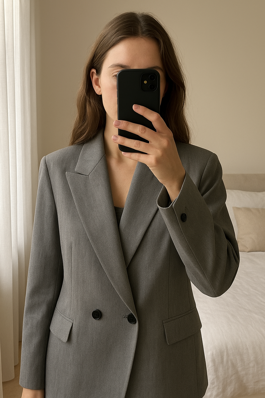 Blazers debout, face à la caméra, dans une chambre à la lumière douce, avec une lumière naturelle filtrant par la fenêtre.