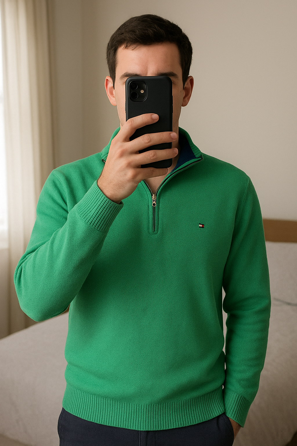 Pull Cammioneur Halfzip Tommy Hilfiger 100% Coton Vert L debout, face à la caméra, dans une chambre à la lumière douce, avec une lumière naturelle filtrant par la fenêtre.