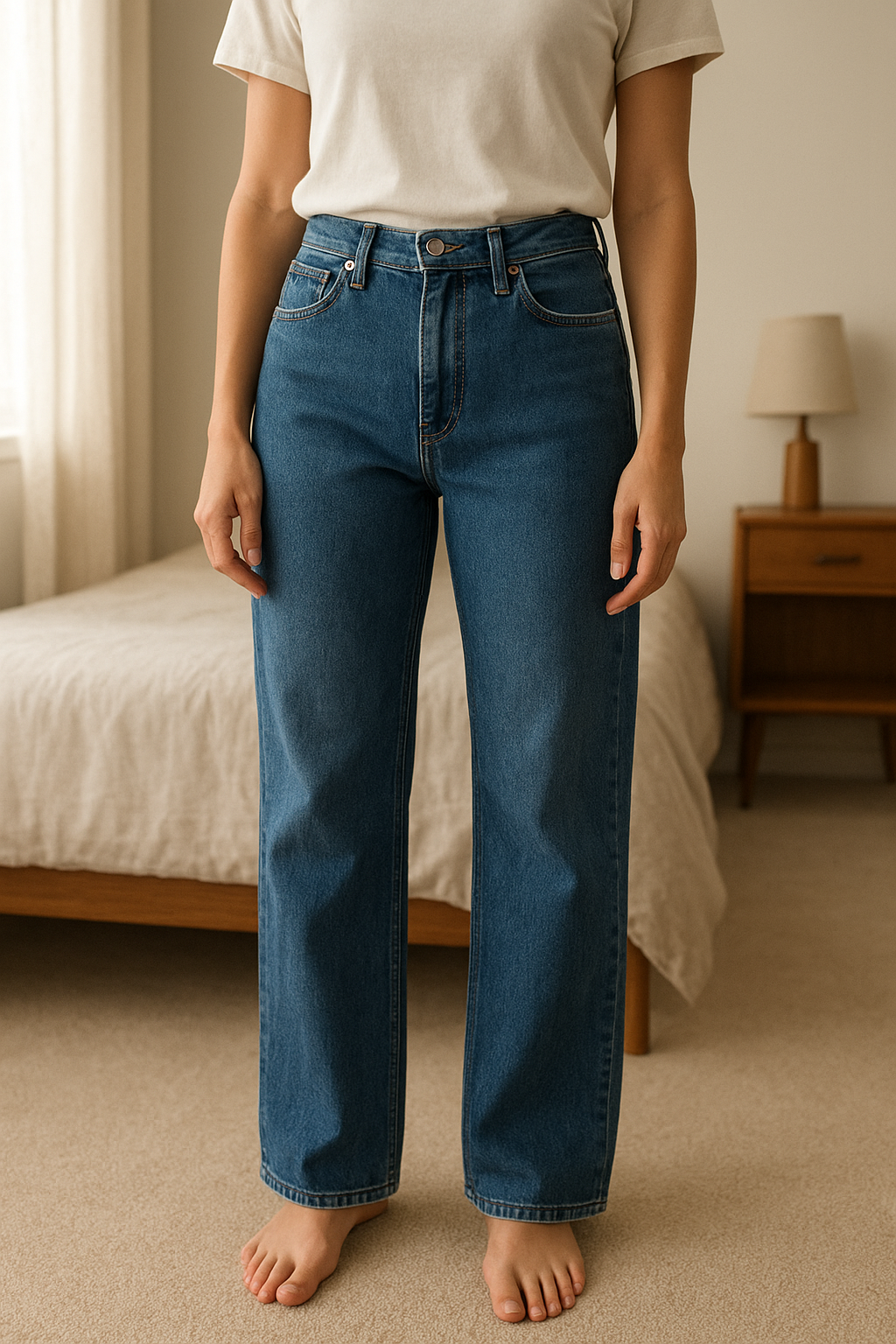 Jean classique debout, face à la caméra, dans une chambre à la lumière douce, avec une lumière naturelle filtrant par la fenêtre.