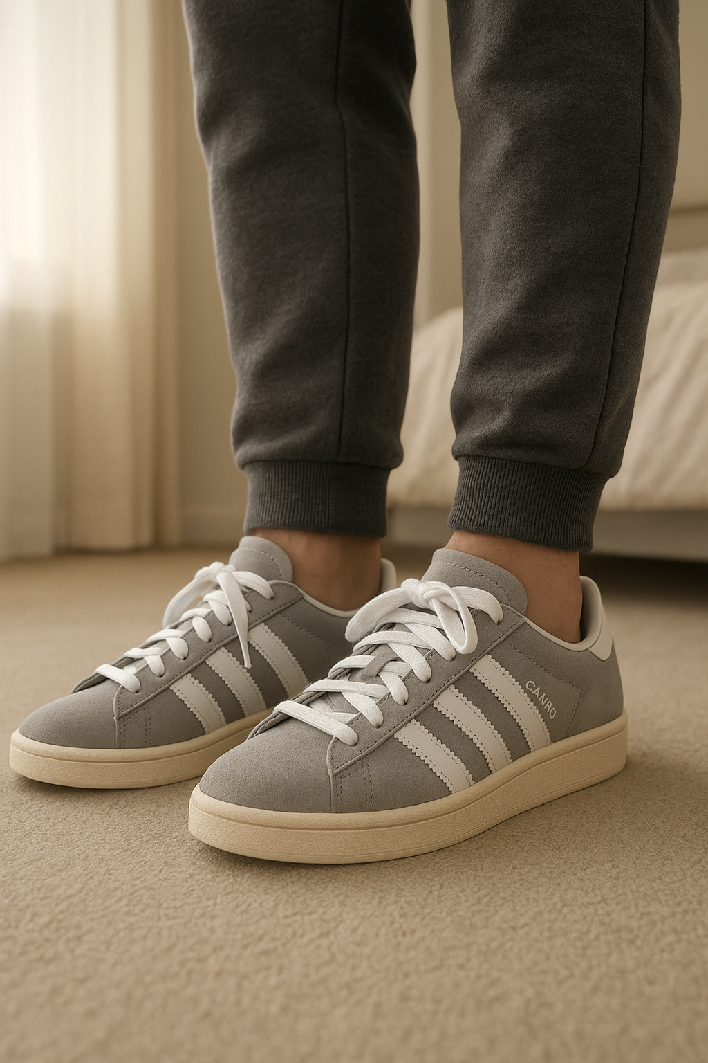 Adidas Campus 00s gris Talla 43 de pie, mirando a la cámara, en un dormitorio con luz suave y natural filtrándose por la ventana.