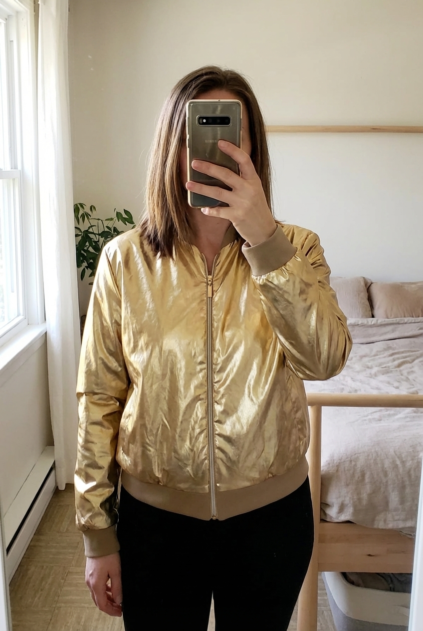 Sublime bomber debout, face à la caméra, dans une chambre à la lumière douce, avec une lumière naturelle filtrant par la fenêtre.