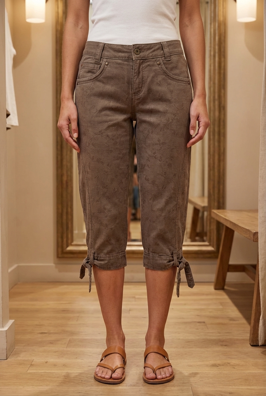 Una persona in Pantaloni capri marroni in acetato Berbeg – taglia 42 Cod.2858 in piedi, rivolto verso la fotocamera, in un camerino in stile boutique con specchio e decorazioni neutre.