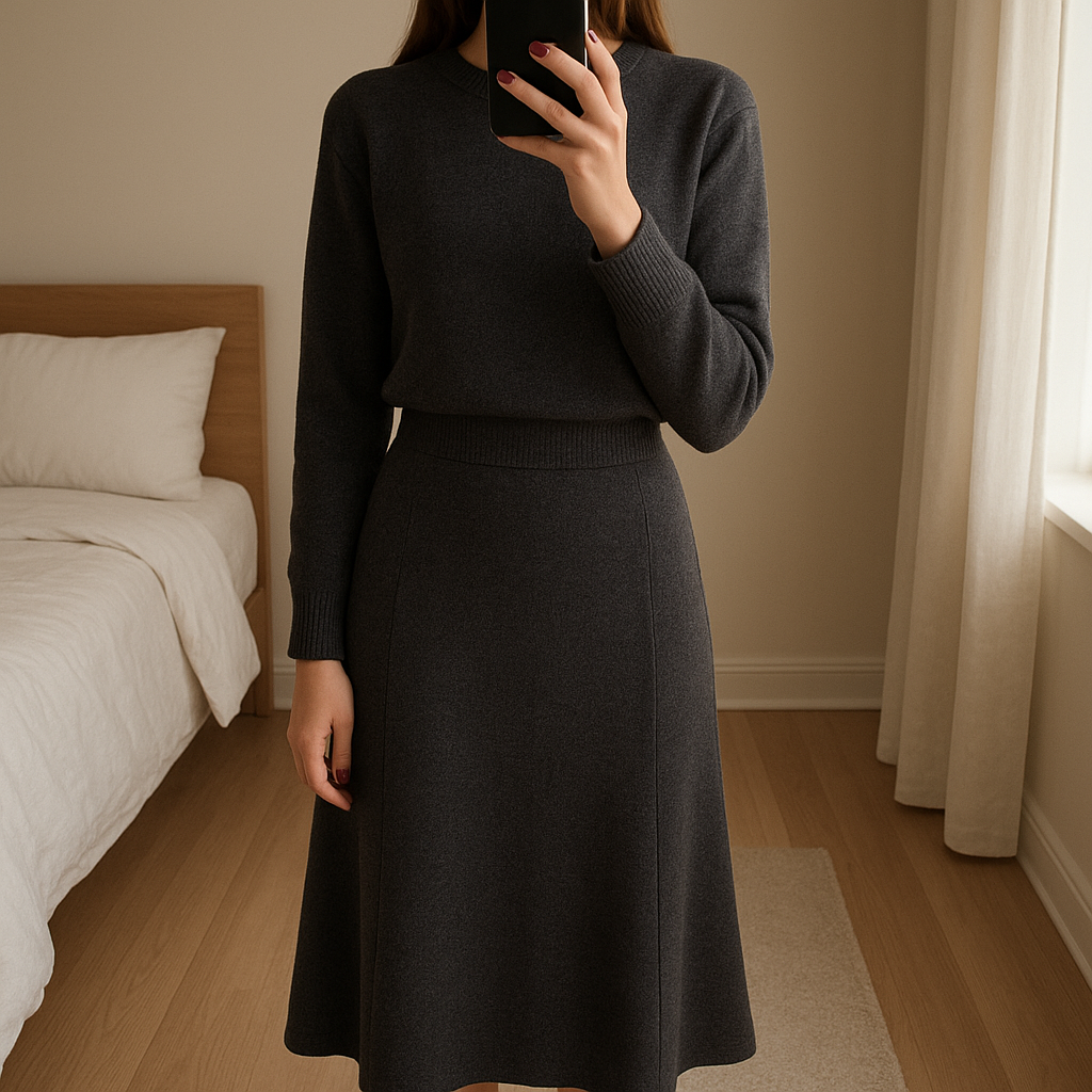 Gonna midi Zara in piedi, rivolto verso la fotocamera, in una camera da letto con luce soffusa e luce naturale che filtra dalla finestra.