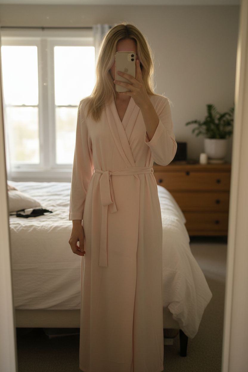 Bata seda de pie, mirando a la cámara, en un dormitorio con luz suave y natural filtrándose por la ventana.