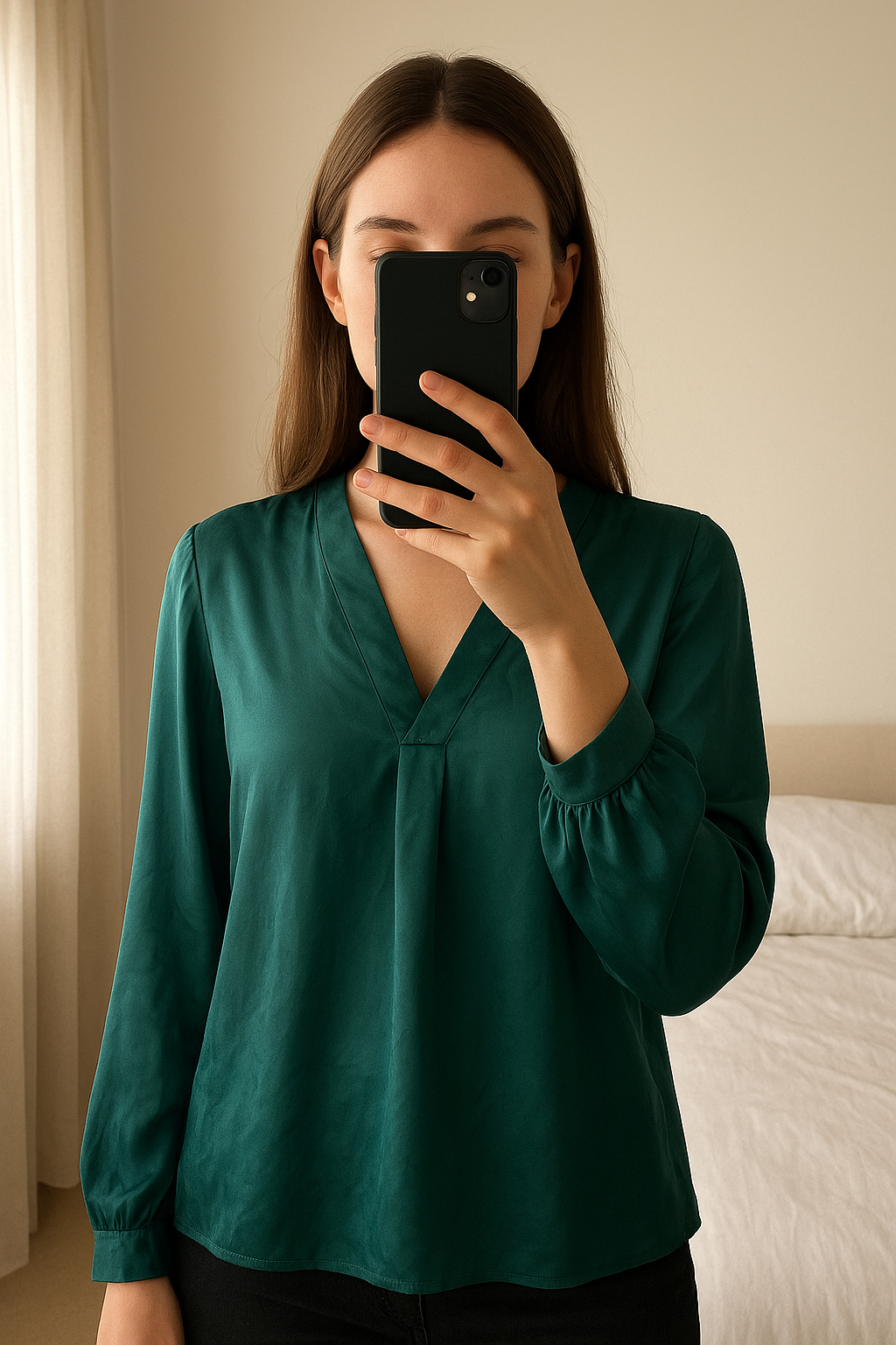 Haut en soie vert debout, face à la caméra, dans une chambre à la lumière douce, avec une lumière naturelle filtrant par la fenêtre.