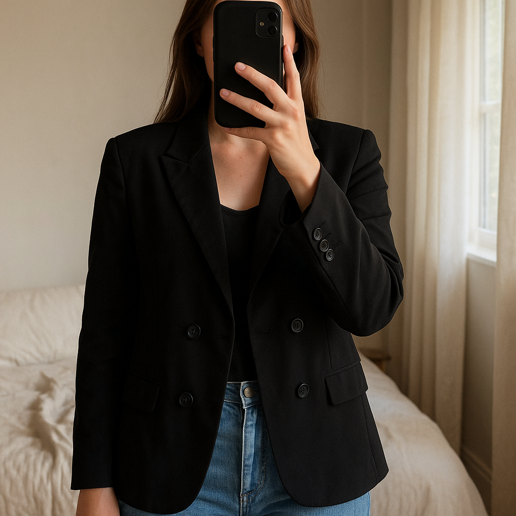 Blazer femme noir S - Giacca blazer Donna in piedi, rivolto verso la fotocamera, in una camera da letto con luce soffusa e luce naturale che filtra dalla finestra.