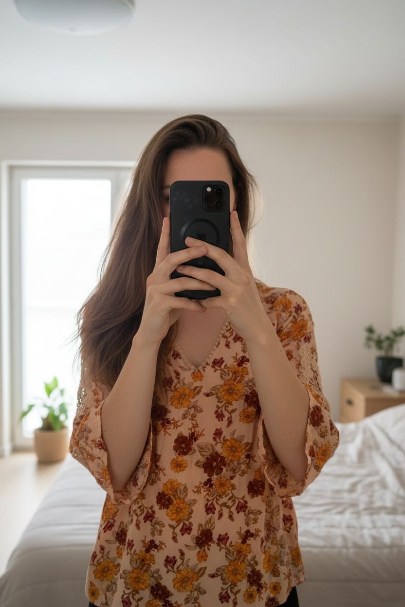 Blouse manches 3/4 taille M debout, face à la caméra, dans une chambre à la lumière douce, avec une lumière naturelle filtrant par la fenêtre.