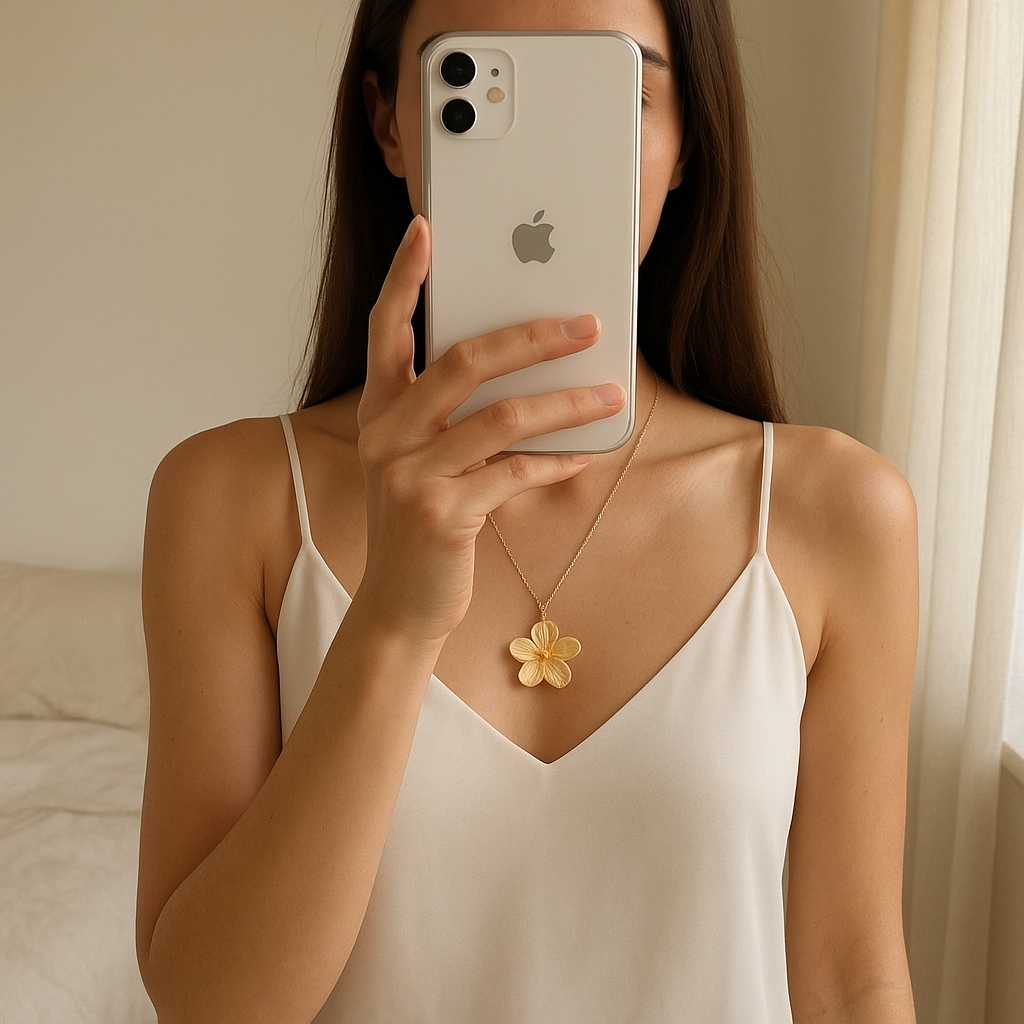 Une personne en Collier doré fleur de cerisier – pendentif floral élégant debout, face à la caméra, dans une chambre à la lumière douce, avec une lumière naturelle filtrant par la fenêtre.