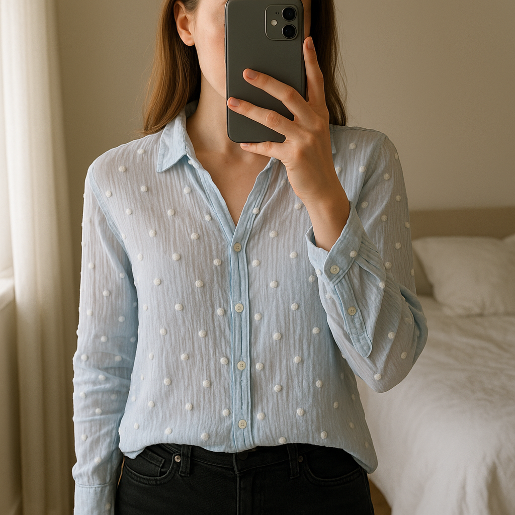 Una persona con Camisa azul clarito con puntito blanco gasa de pie, mirando a la cámara, con tipo de cuerpo delgado, en un dormitorio con luz suave y natural filtrándose por la ventana.