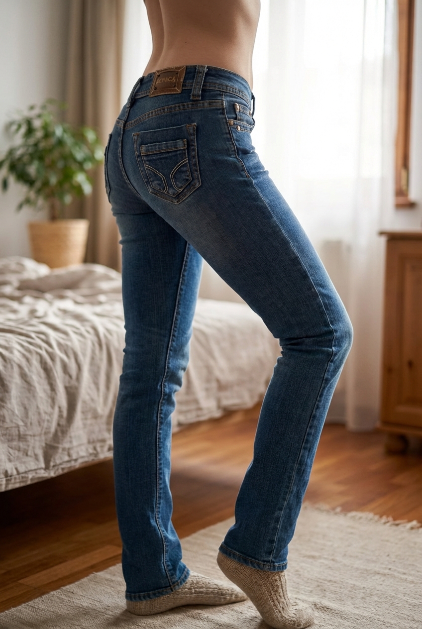 Una persona in Jeans skinny femme 38 inarcando leggermente la schiena per una posa dinamica, in una camera da letto con luce soffusa e luce naturale che filtra dalla finestra.