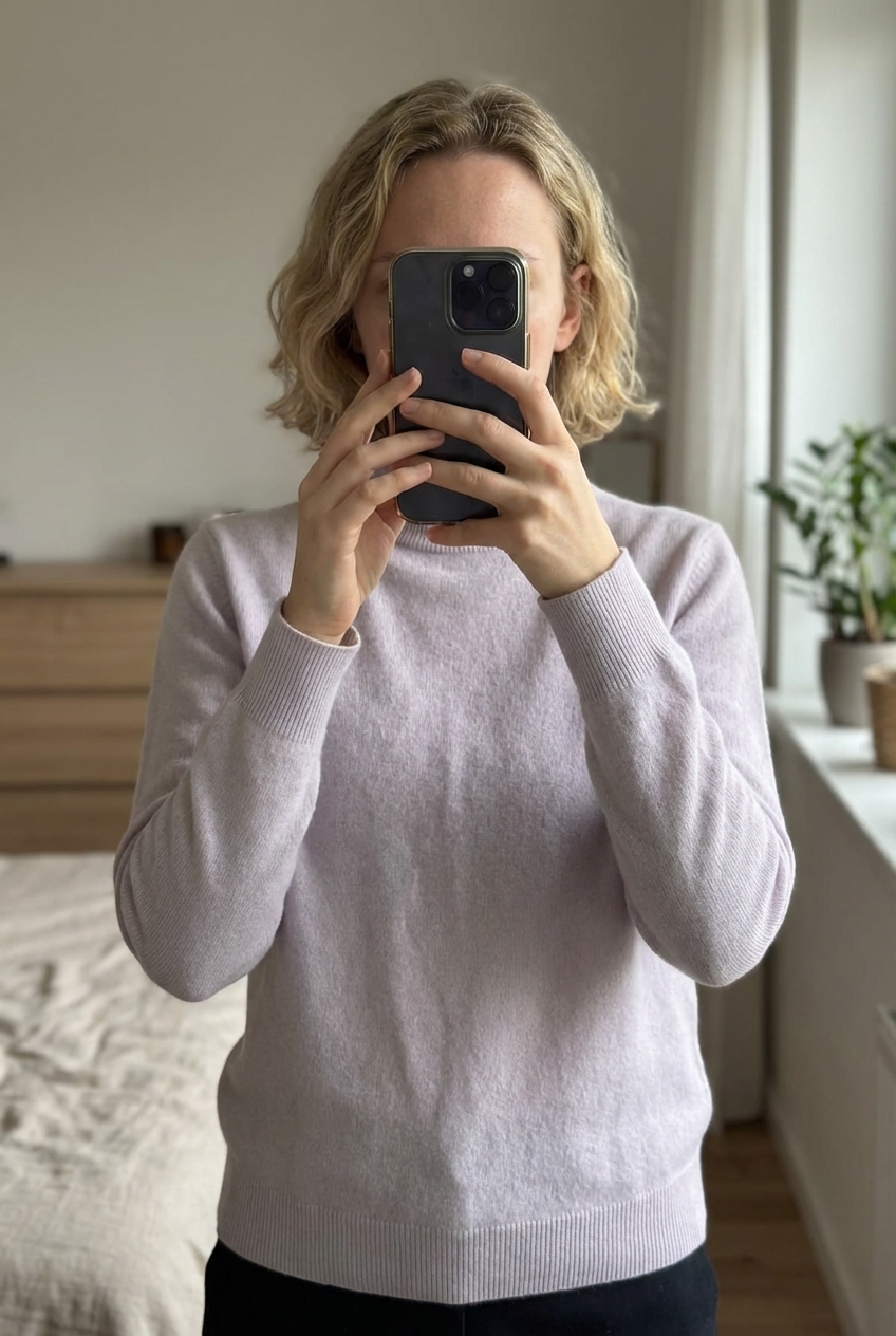 Magnifique pull col roulé Éric Bompard cachemire debout, face à la caméra, dans une chambre à la lumière douce, avec une lumière naturelle filtrant par la fenêtre.