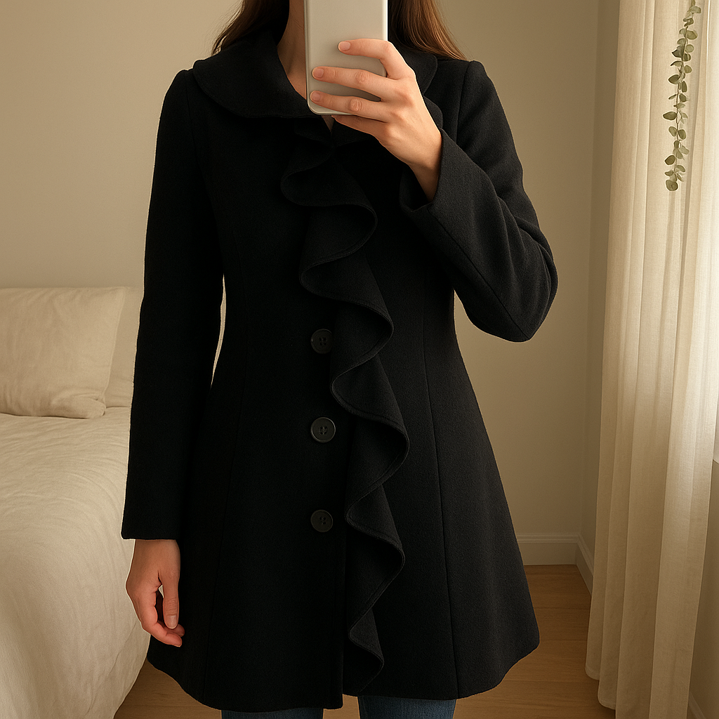 Manteau long en laine debout, face à la caméra, dans une chambre à la lumière douce, avec une lumière naturelle filtrant par la fenêtre.