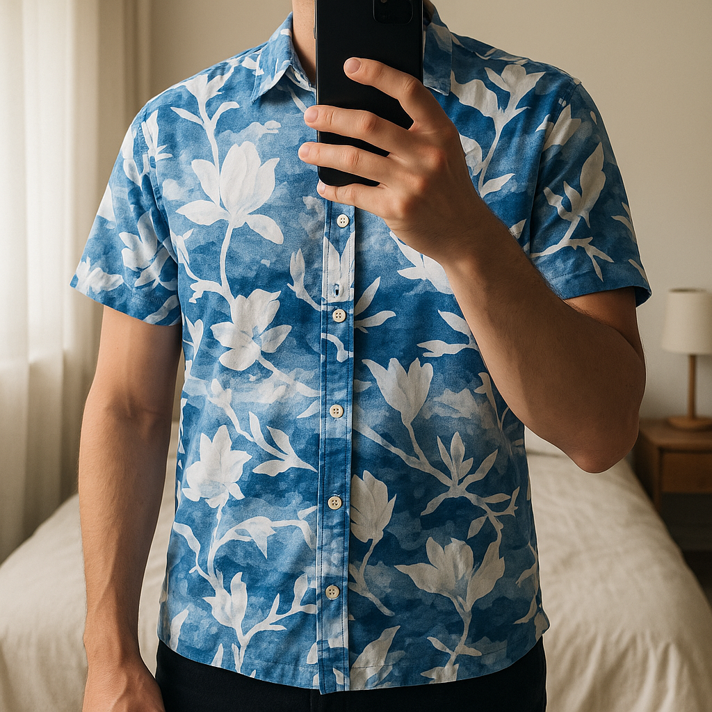 Chemise décontractée Homme Taille S debout, face à la caméra, dans une chambre à la lumière douce, avec une lumière naturelle filtrant par la fenêtre.