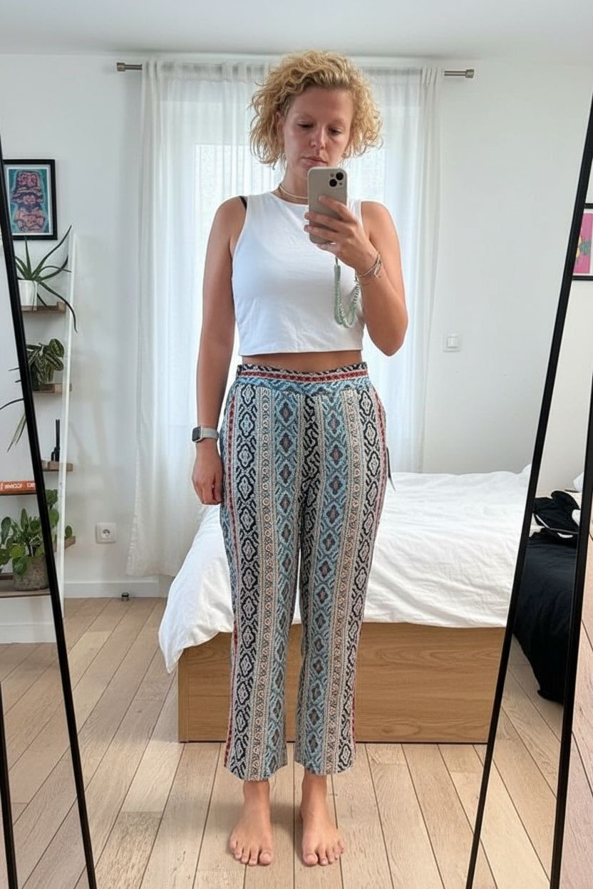 Pantalon bariolé Zara debout, face à la caméra, dans une chambre à la lumière douce, avec une lumière naturelle filtrant par la fenêtre.