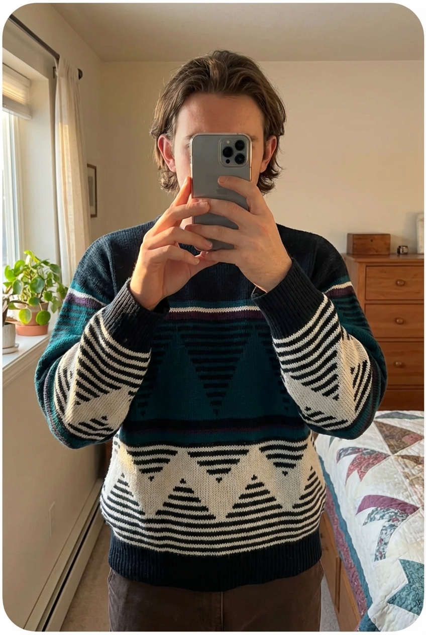 Pull Col Rond Vintage Ethnic 90's Sweater à motif athenic patern Vintage Bleu L Oversize debout, face à la caméra, dans une chambre à la lumière douce, avec une lumière naturelle filtrant par la fenêtre.