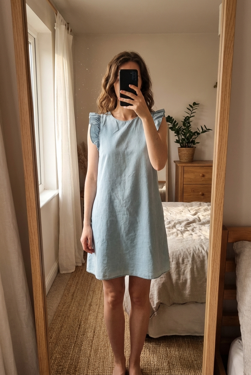 Robe en jean clair coupe trapèze Mango Taille S = 36 debout, face à la caméra, dans une chambre à la lumière douce, avec une lumière naturelle filtrant par la fenêtre.