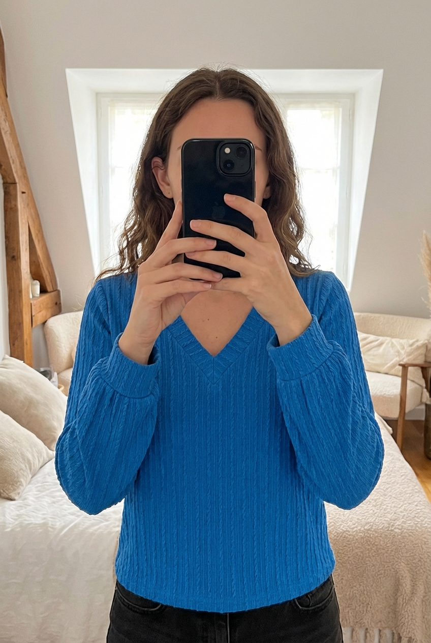 manche longue col V debout, face à la caméra, dans une chambre à la lumière douce, avec une lumière naturelle filtrant par la fenêtre.