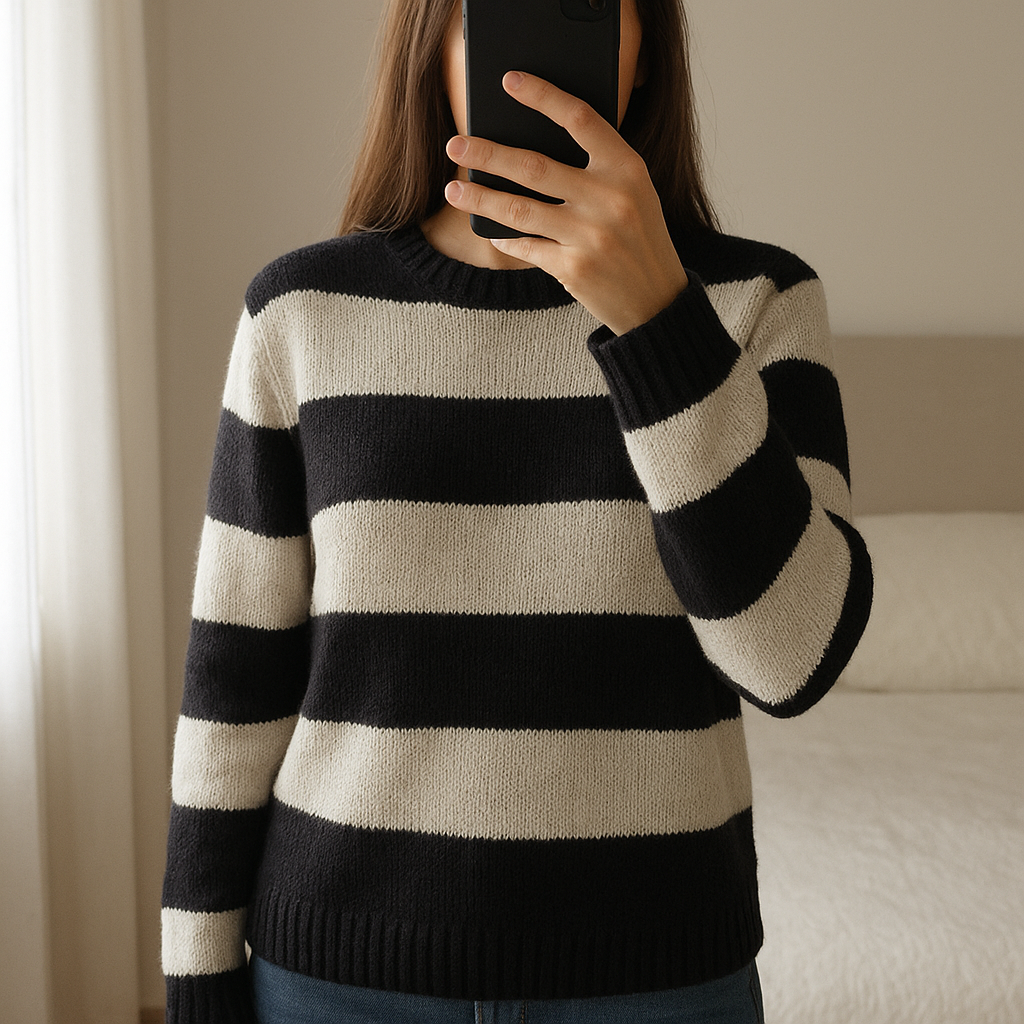 Pull noir et blanc bershka taille 36 debout, face à la caméra, dans une chambre à la lumière douce, avec une lumière naturelle filtrant par la fenêtre.