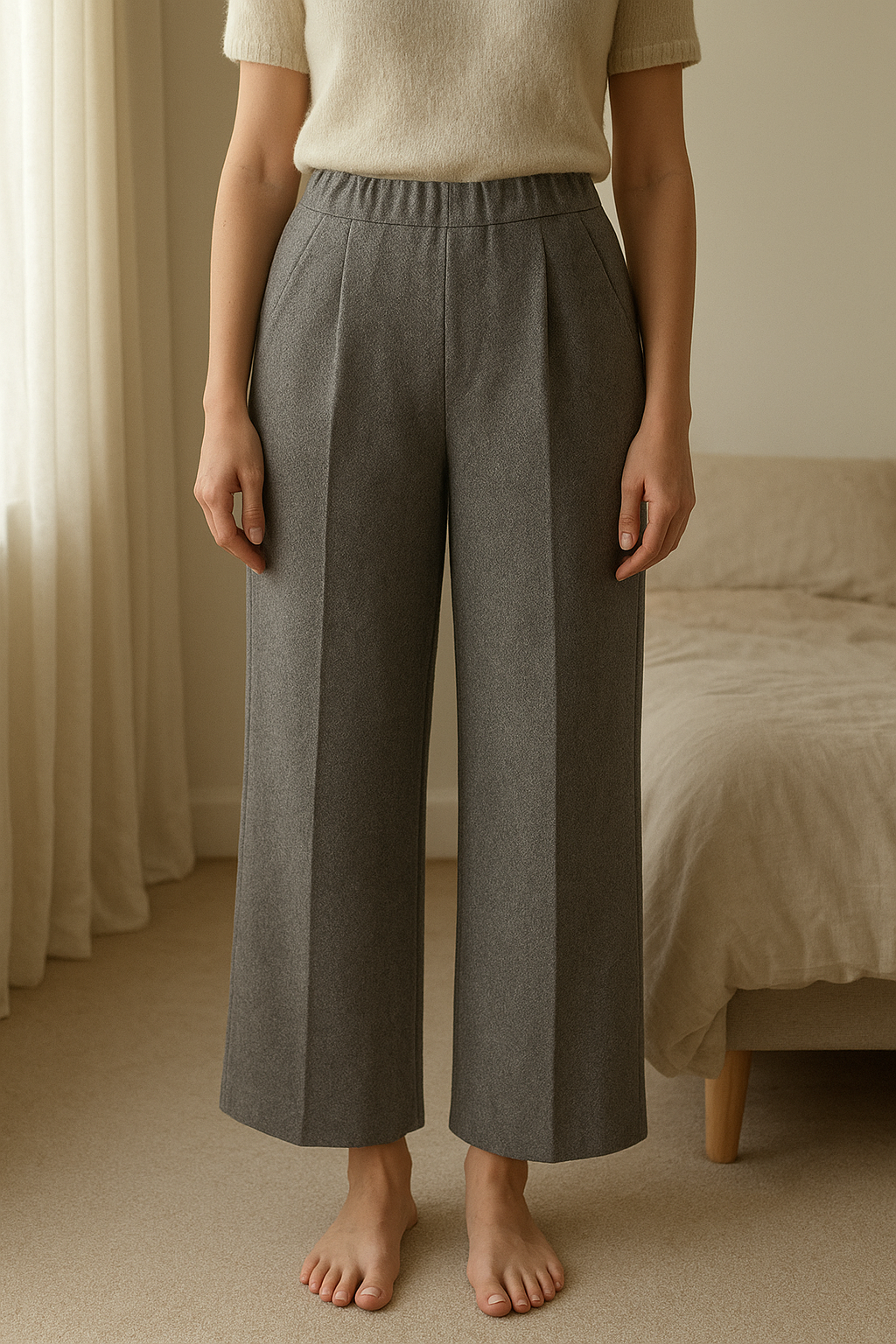 ME + EM Herringbone Wool Blend Low Rise Wide Leg Trousers | Size 12 standing straight facing the camera, in a softly lit bedroom setting, with gentle natural light filtering through a window.