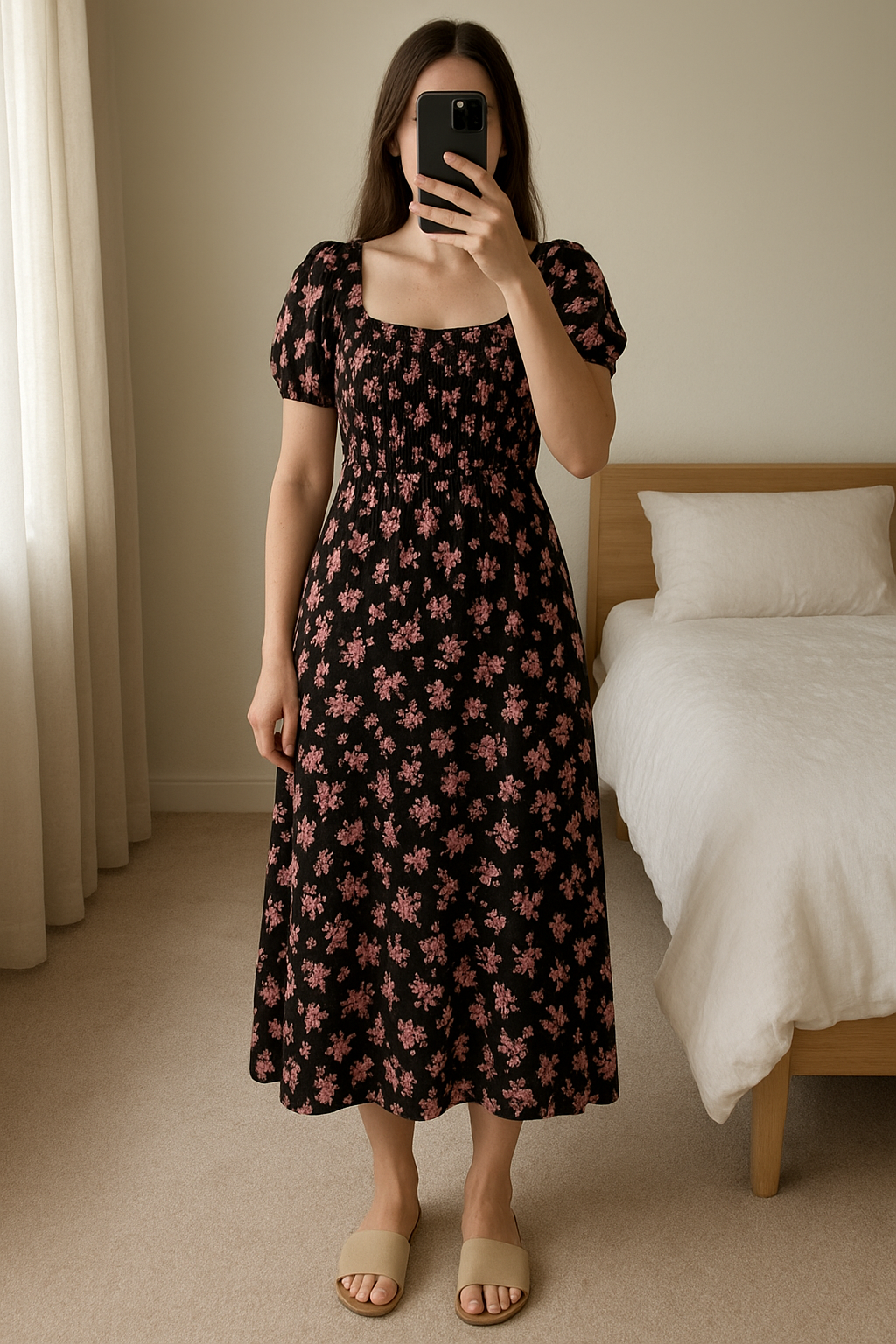 Vestito estivo lungo nero e rosa in piedi, rivolto verso la fotocamera, in una camera da letto con luce soffusa e luce naturale che filtra dalla finestra.