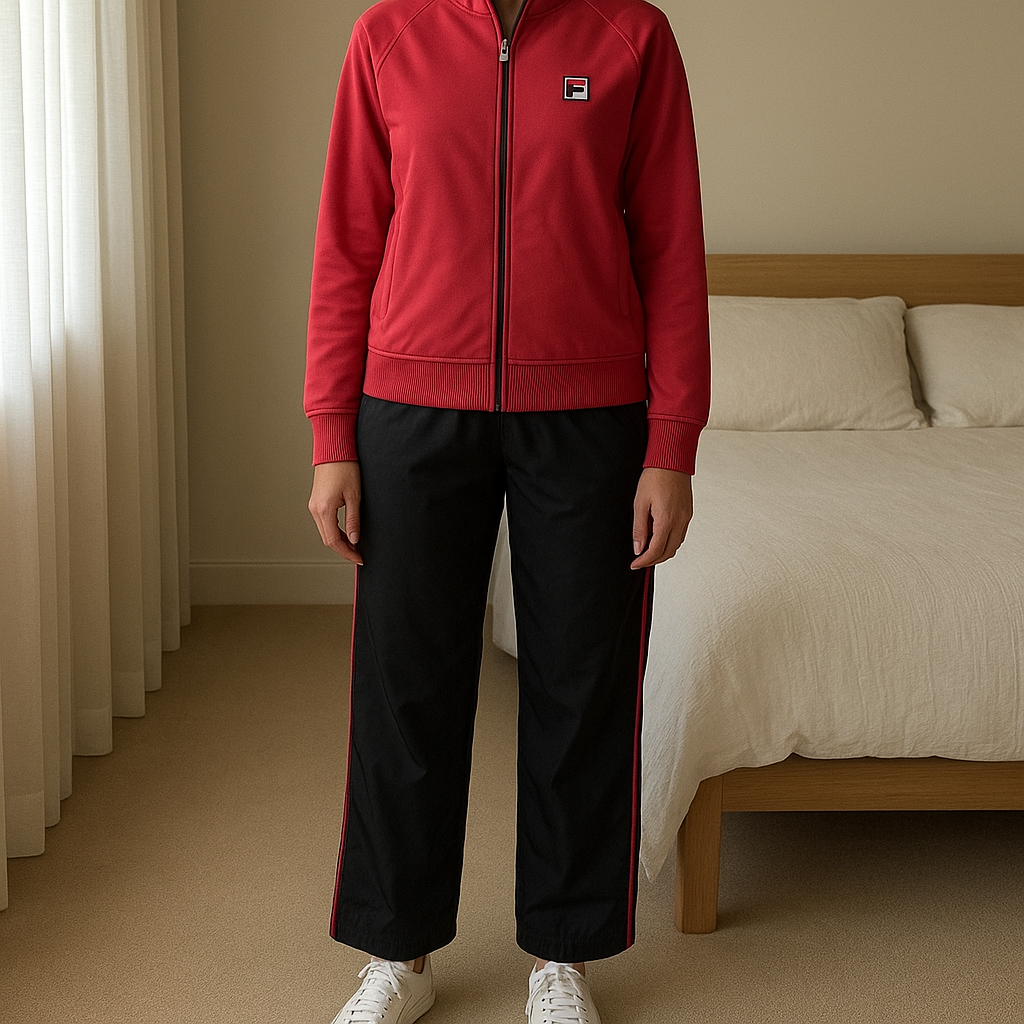 Fato de treino da Fila em pé, de frente para a câmera, em um quarto com iluminação suave e luz natural filtrando pela janela.