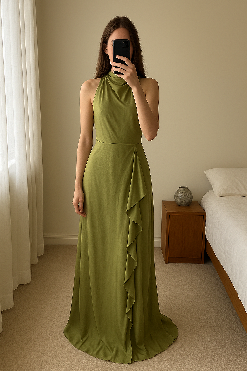 Sage Green Satin Dress size 10 standing straight facing the camera, in a softly lit bedroom setting, with gentle natural light filtering through a window.