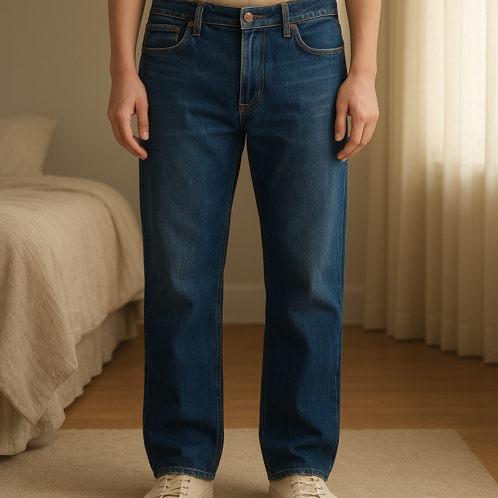 Replay blue jeans standing straight facing the camera, in a softly lit bedroom setting, with gentle natural light filtering through a window.