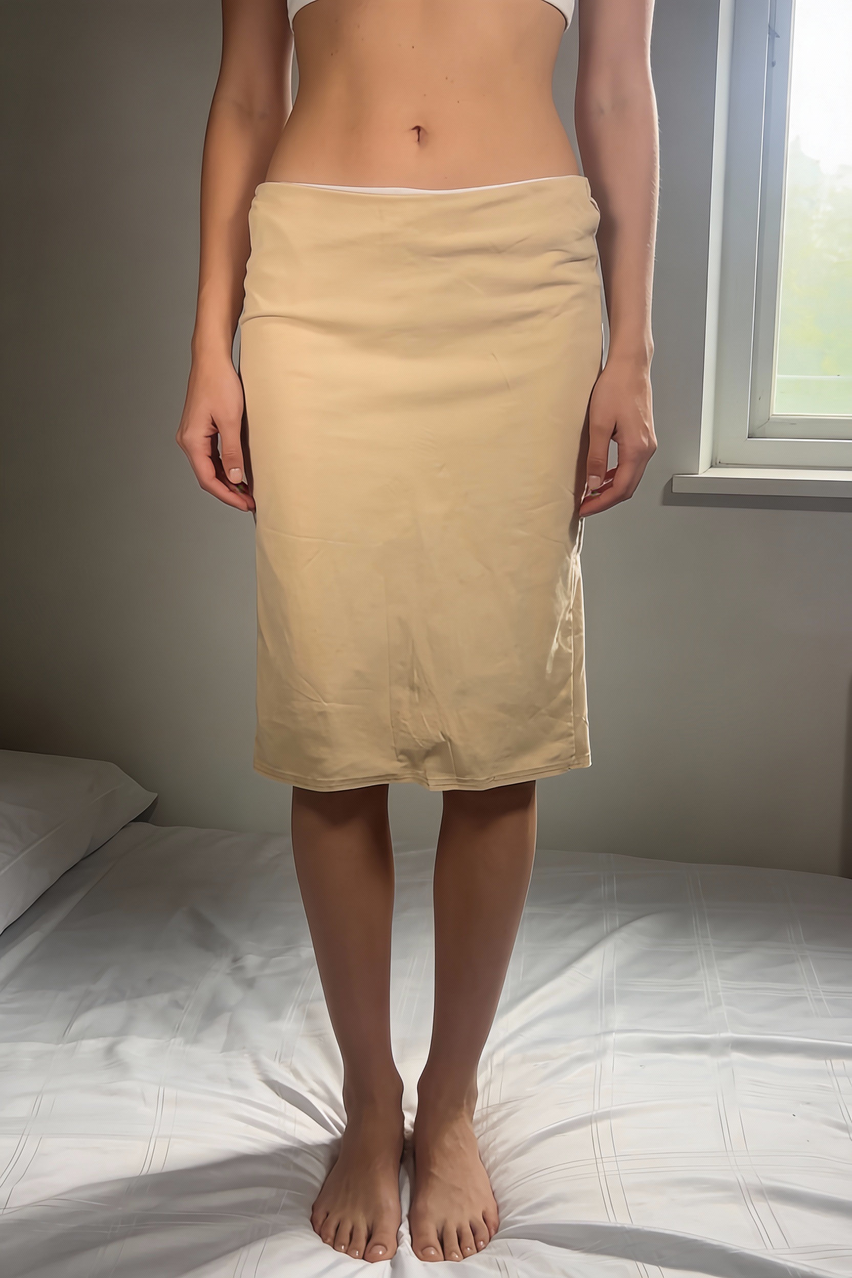 Vintage Beige Minimalist Midi Skirt With Slit at Back standing straight facing the camera, in a softly lit bedroom setting, with gentle natural light filtering through a window.