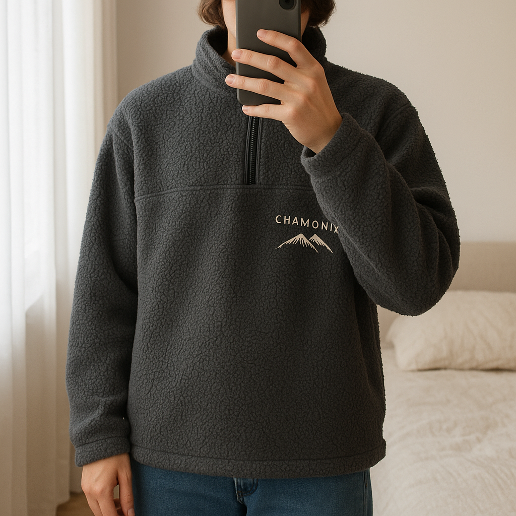 Slate Grey Apres Ski Graphic Outdoor Next Elements Hooded Teddy Borg Quarter Zip standing straight facing the camera, in a softly lit bedroom setting, with gentle natural light filtering through a window.