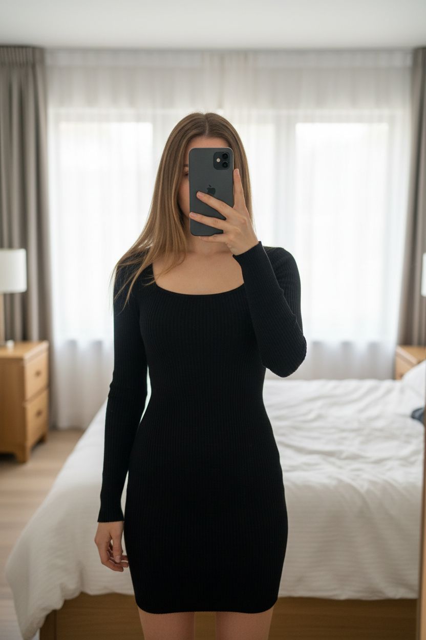 🖤 Robe Shein noire côtelée moulante debout, face à la caméra, dans une chambre à la lumière douce, avec une lumière naturelle filtrant par la fenêtre.