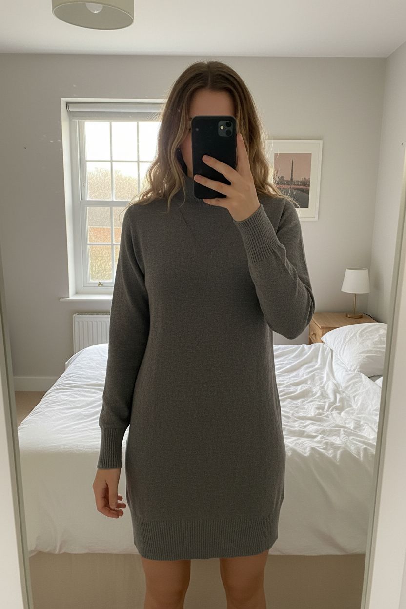Pull robe Topshop gris t38 debout, face à la caméra, dans une chambre à la lumière douce, avec une lumière naturelle filtrant par la fenêtre.