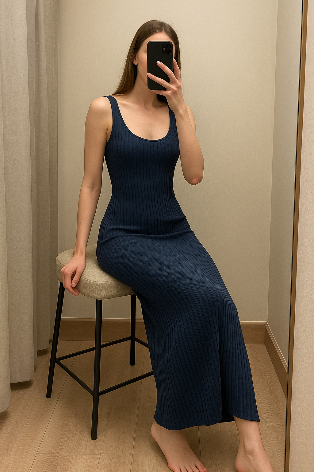 Une personne en robe moulante marine assis sur une chaise haute, avec une posture détendue, avec une silhouette fine, dans une cabine d’essayage de style boutique avec un miroir et une décoration neutre.