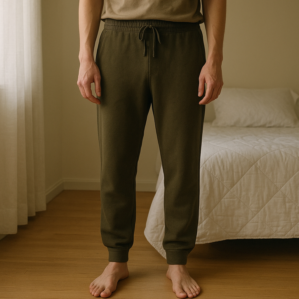 Olivgrüne Jogginghose – sportlich & bequem aufrecht stehend, der Kamera zugewandt, in einem sanft beleuchteten Schlafzimmer, mit natürlichem Licht, das durch ein Fenster fällt.