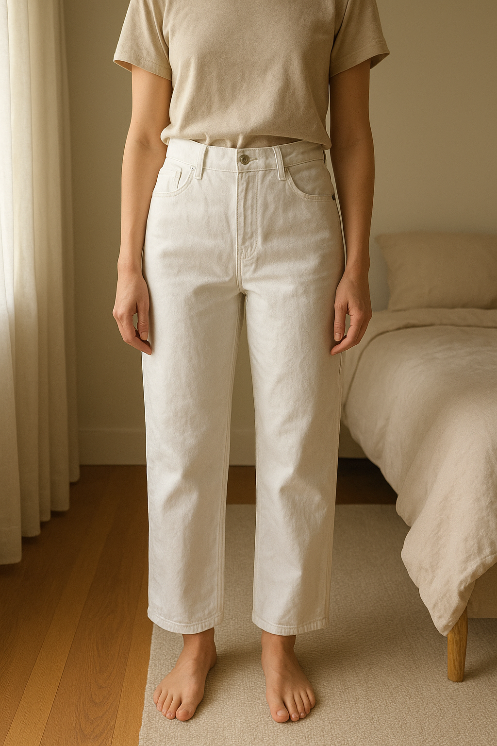 Jean blanc the frankie shop debout, face à la caméra, dans une chambre à la lumière douce, avec une lumière naturelle filtrant par la fenêtre.