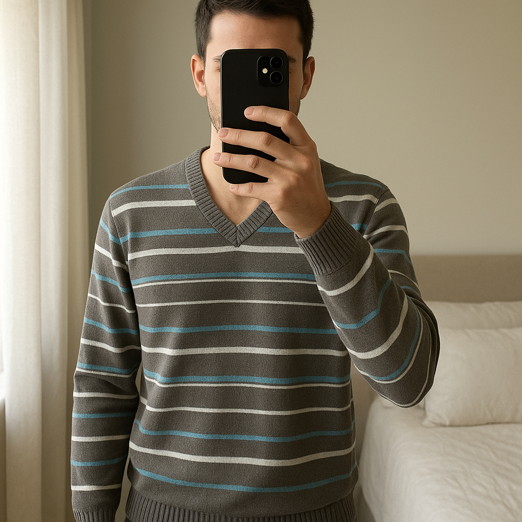 Pull col V debout, face à la caméra, dans une chambre à la lumière douce, avec une lumière naturelle filtrant par la fenêtre.