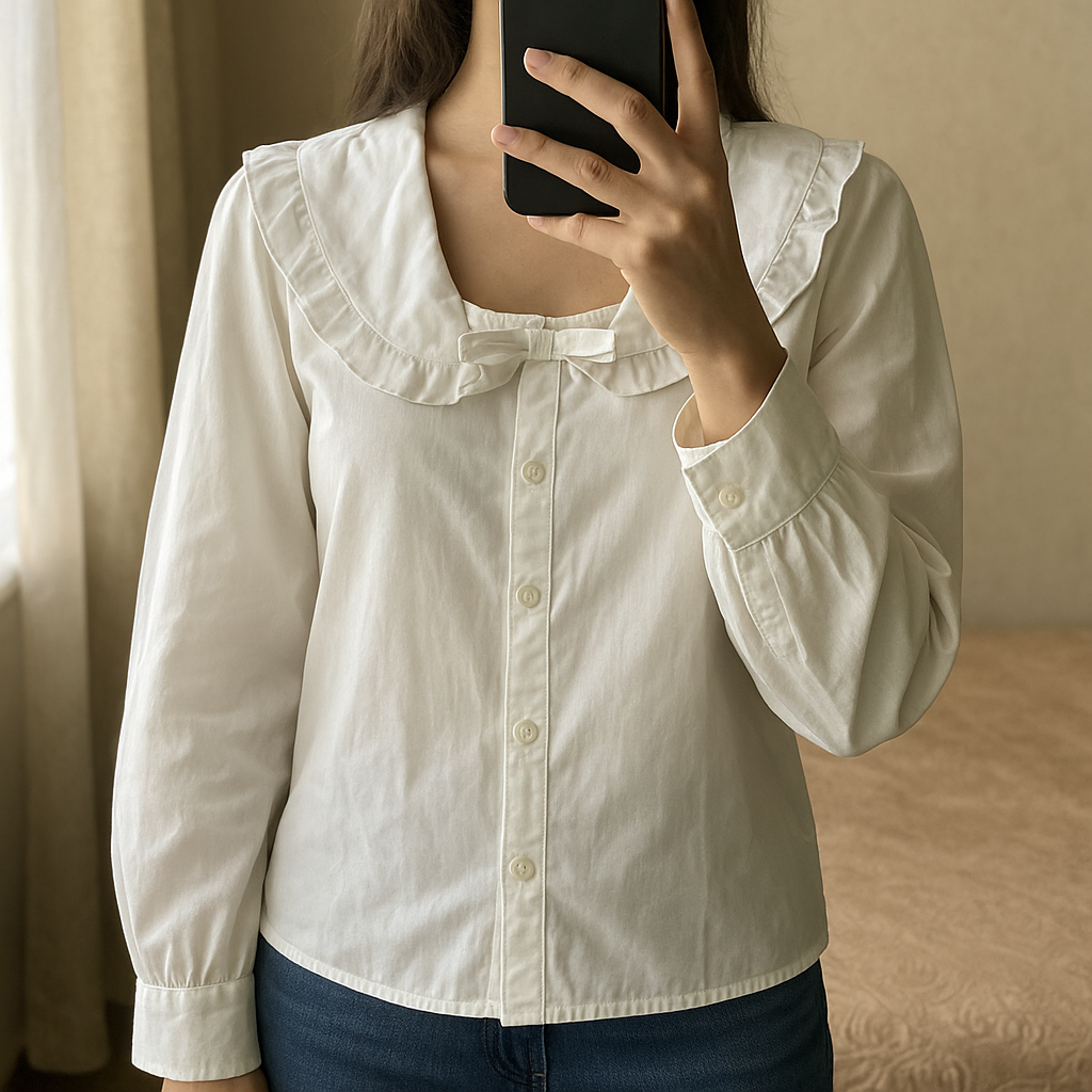 Camicia bianca donna Naracamicie-tg IV (M) in piedi, rivolto verso la fotocamera, in una camera da letto con luce soffusa e luce naturale che filtra dalla finestra.