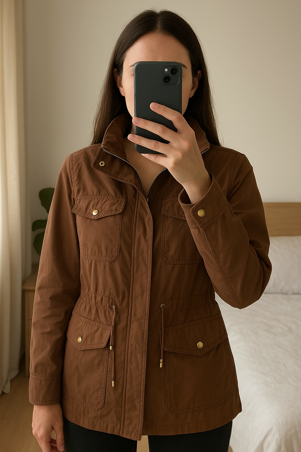 Jacke Damen braun 46 aufrecht stehend, der Kamera zugewandt, in einem sanft beleuchteten Schlafzimmer, mit natürlichem Licht, das durch ein Fenster fällt.