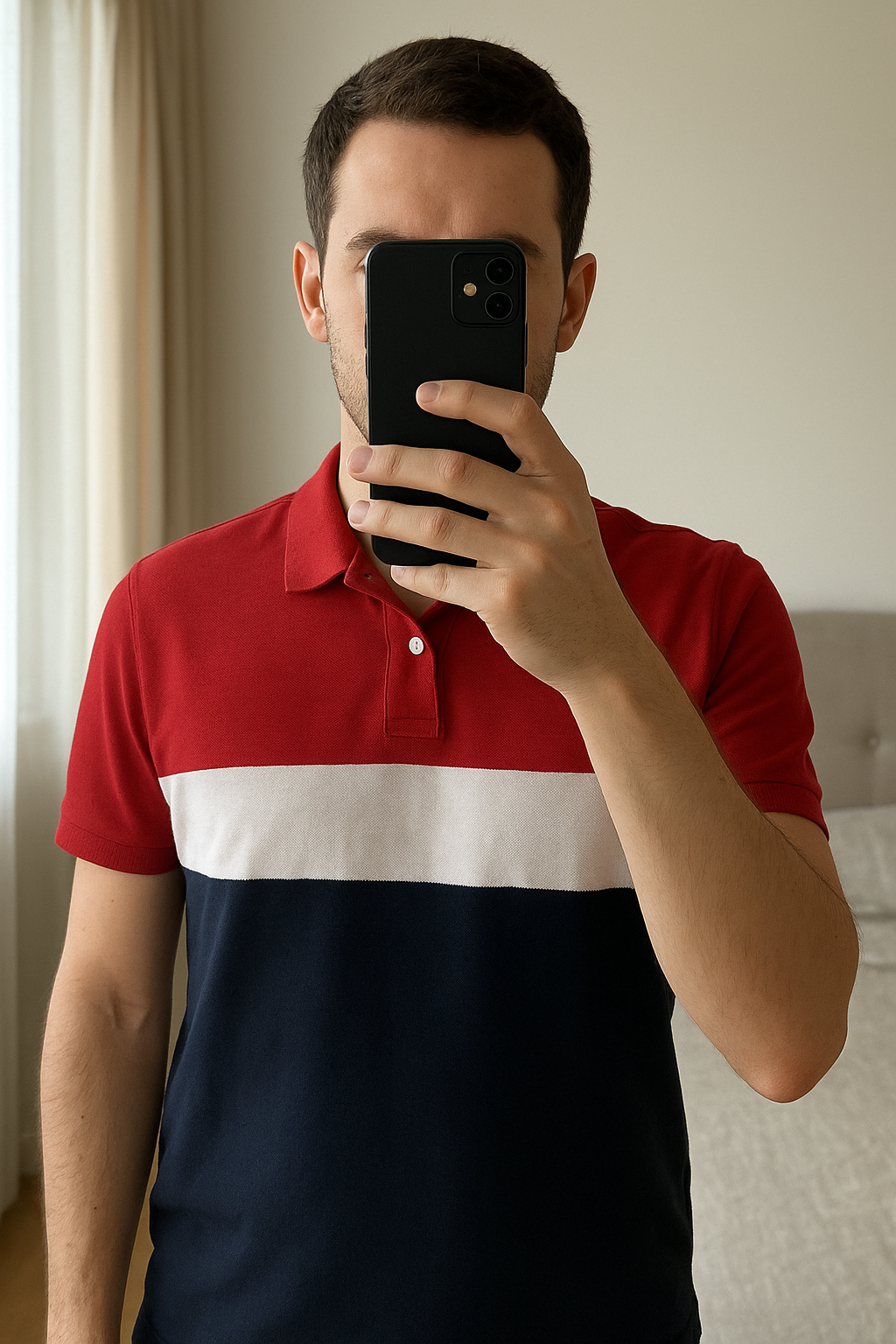 Polo bleu blanc Brice debout, face à la caméra, dans une chambre à la lumière douce, avec une lumière naturelle filtrant par la fenêtre.