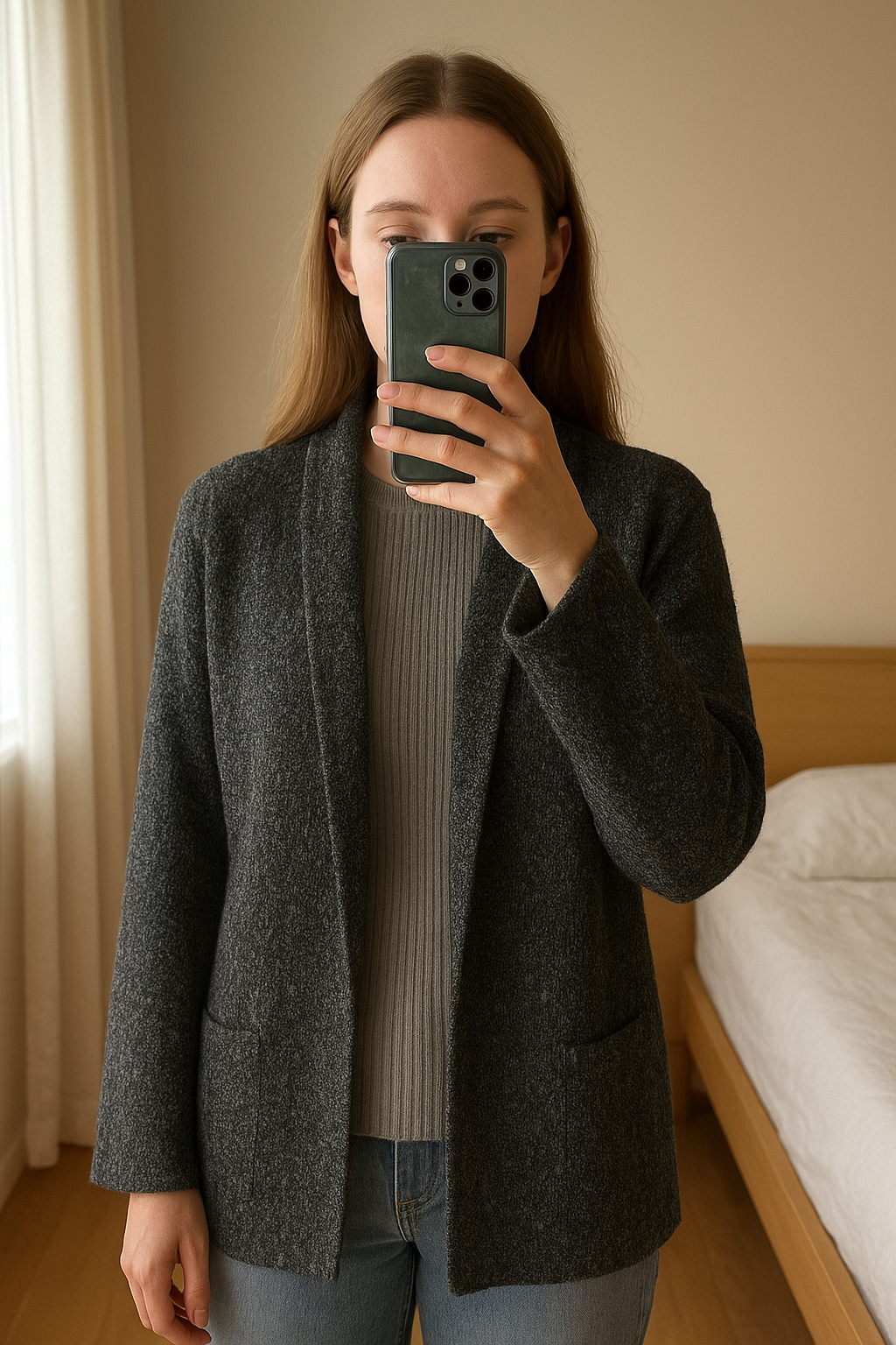 Veste gris chiné CKS – Taille S – Coupe droite – Style casual chic debout, face à la caméra, dans une chambre à la lumière douce, avec une lumière naturelle filtrant par la fenêtre.