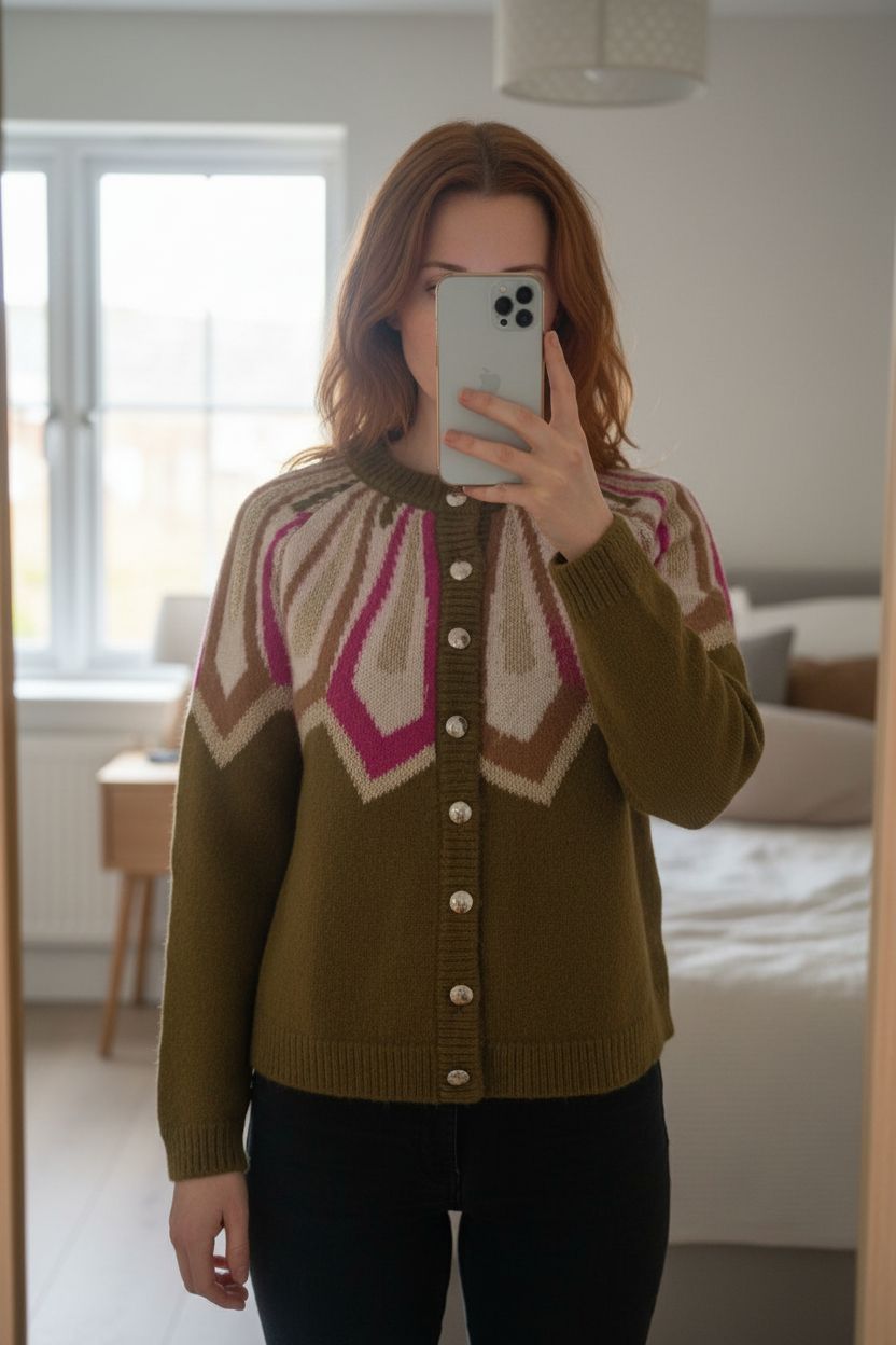 Gilet Hamel Sezane debout, face à la caméra, dans une chambre à la lumière douce, avec une lumière naturelle filtrant par la fenêtre.