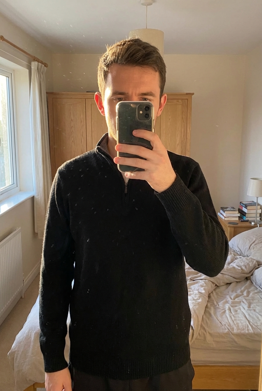 Pull noir homme elfes debout, face à la caméra, dans une chambre à la lumière douce, avec une lumière naturelle filtrant par la fenêtre.