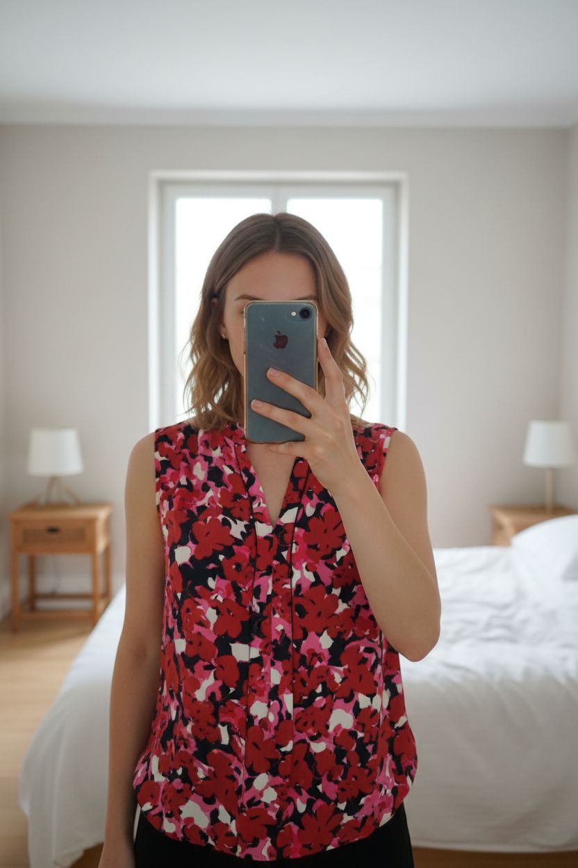 Blouse debout, face à la caméra, dans une chambre à la lumière douce, avec une lumière naturelle filtrant par la fenêtre.