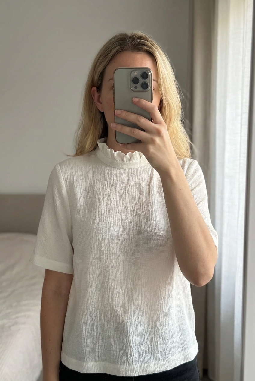 Blouse Claudie Pierlot blanche col volanté – esprit romantique chic debout, face à la caméra, dans une chambre à la lumière douce, avec une lumière naturelle filtrant par la fenêtre.