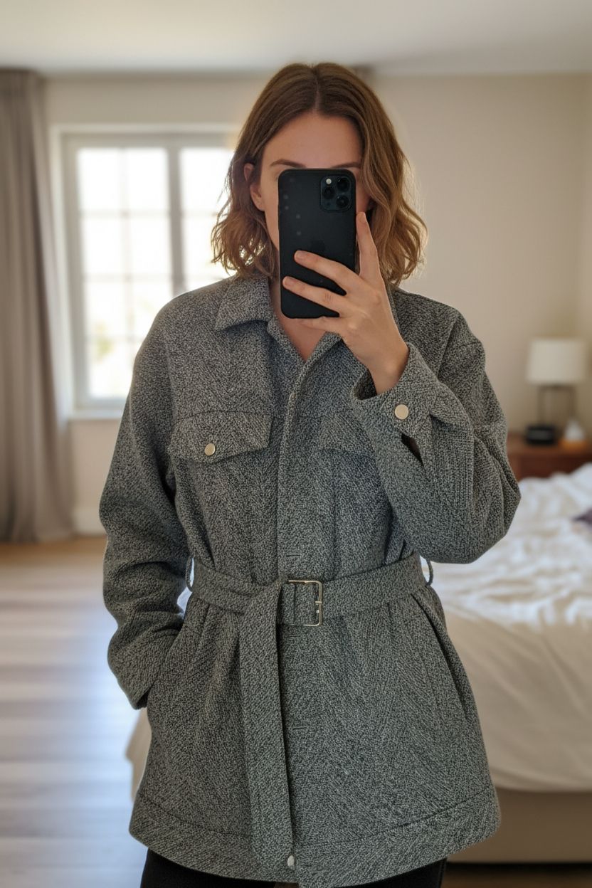 Veste IRO debout, face à la caméra, dans une chambre à la lumière douce, avec une lumière naturelle filtrant par la fenêtre.